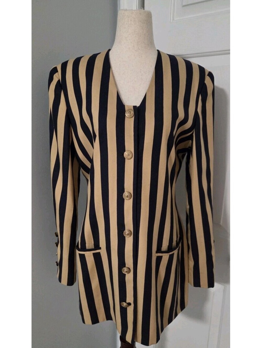 Apart Sz 8 Dark Blue Beige Striped Blazer Jacket Gold Buttons Vintage 80s 90s
